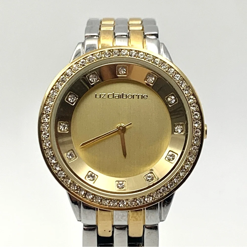 Liz Claiborne Two-Tone Crystal Bezel Watch 6.75" New Battery - Picture 2 of 14